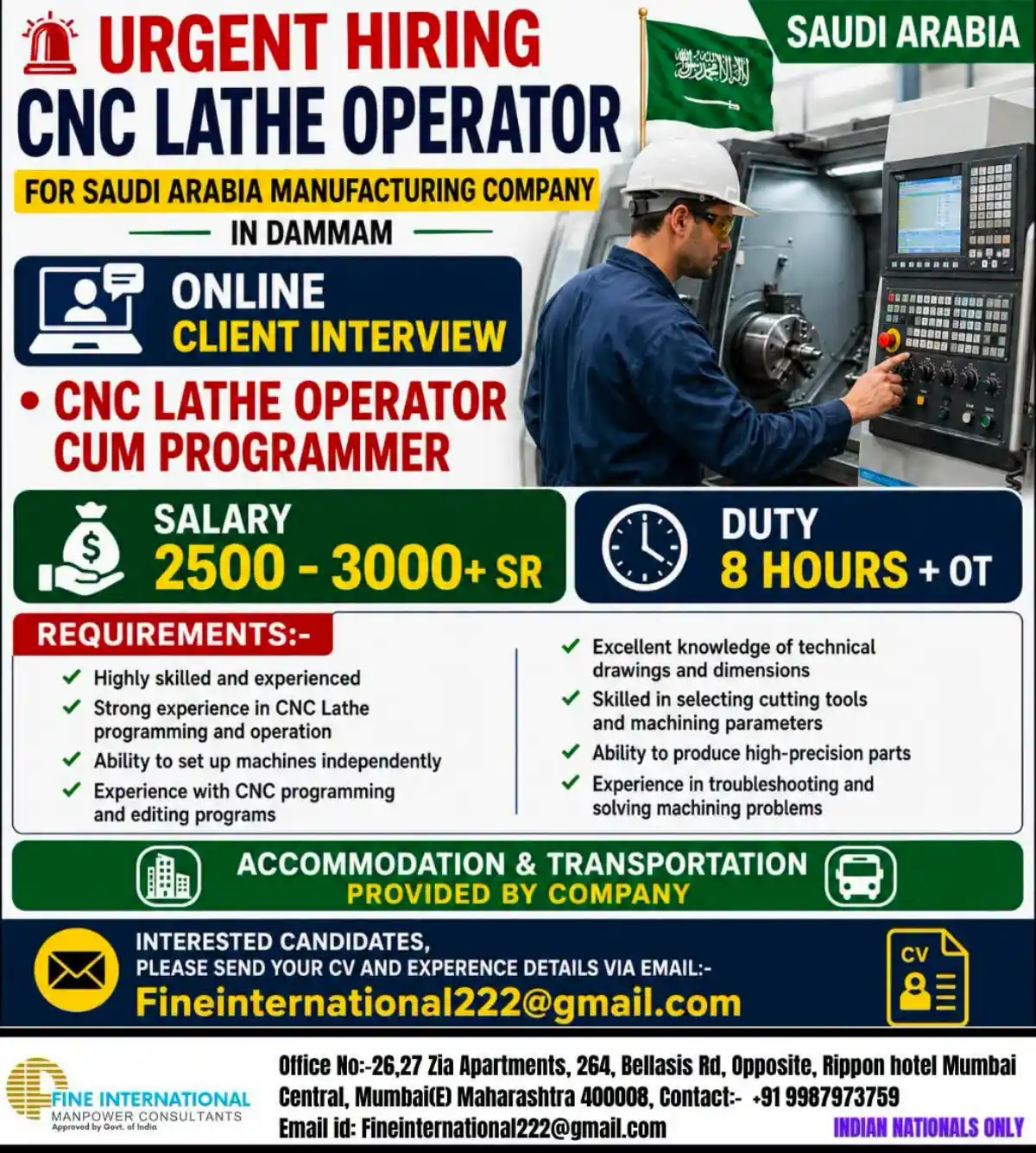 CNC Lathe Operator Jobs in Dammam, Saudi Arabia