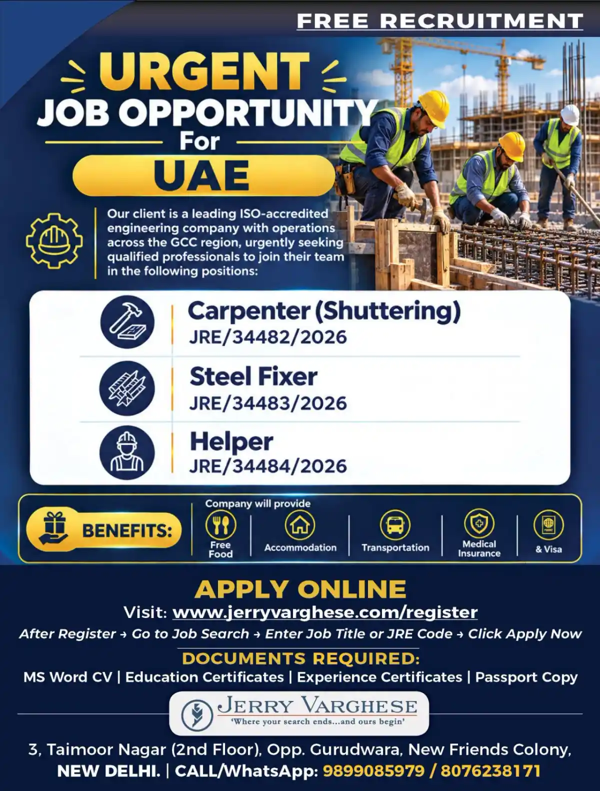 UAE Jobs: Carpenter, Steel Fixer & Helper