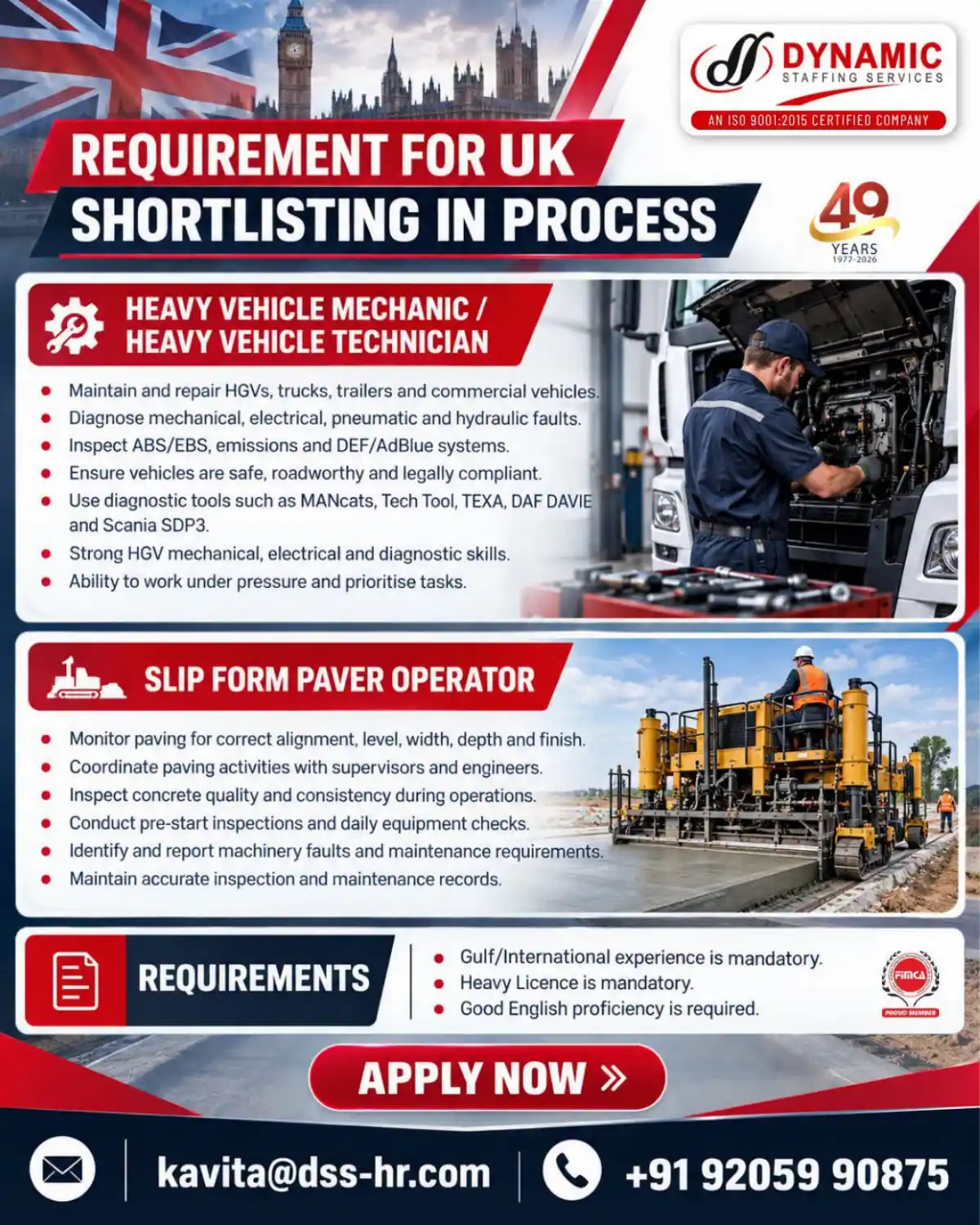 UK Jobs: Heavy Vehicle Mechanic & Slip Form Paver Operator