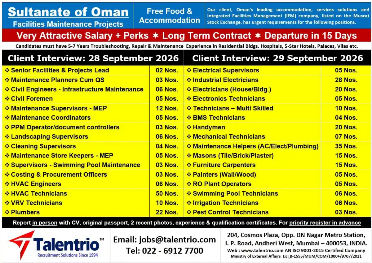 Oman Facilities Maintenance Jobs 2026