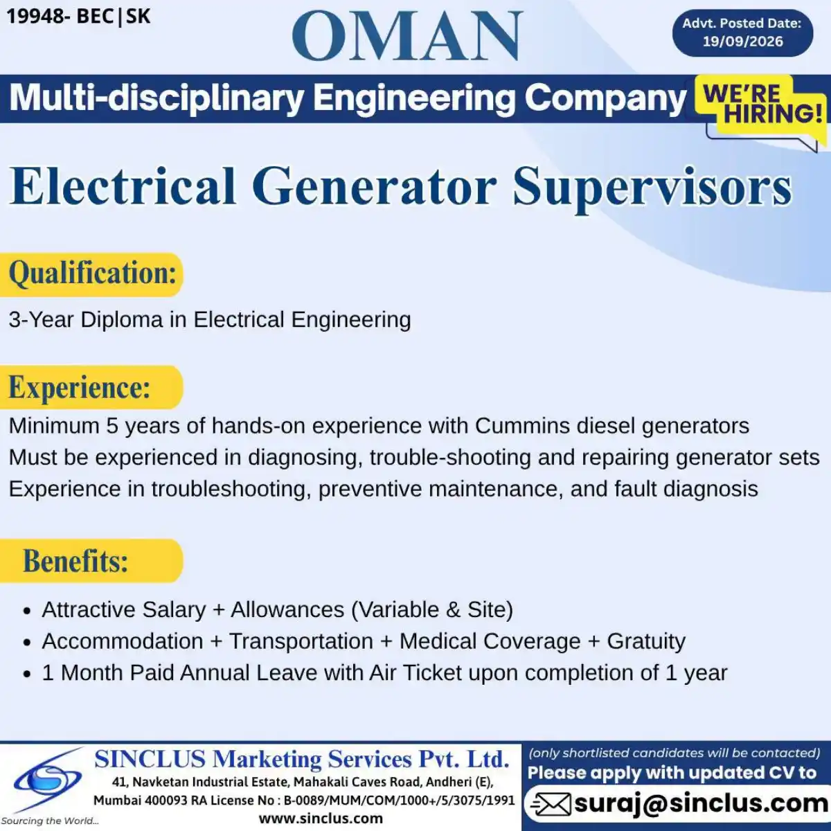 Electrical Generator Supervisor – Oman