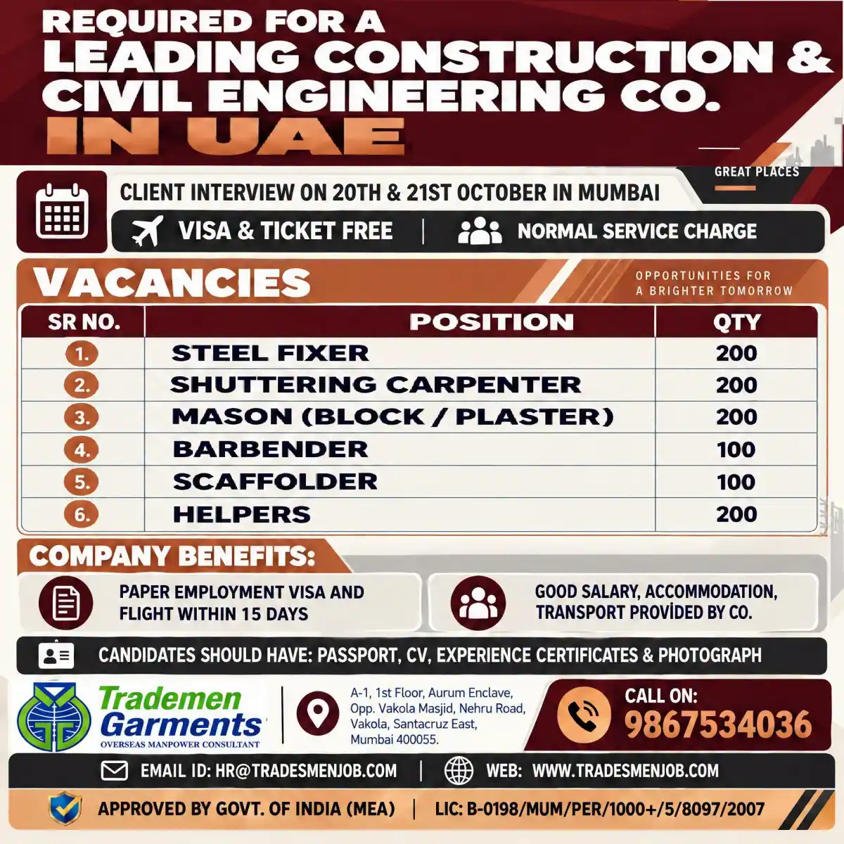 UAE Construction Jobs – Mumbai Interview