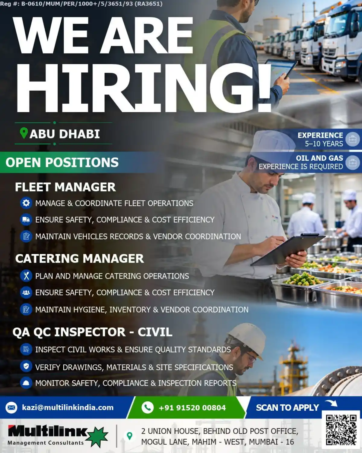Abu Dhabi Jobs: Fleet, Catering & QA/QC Civil