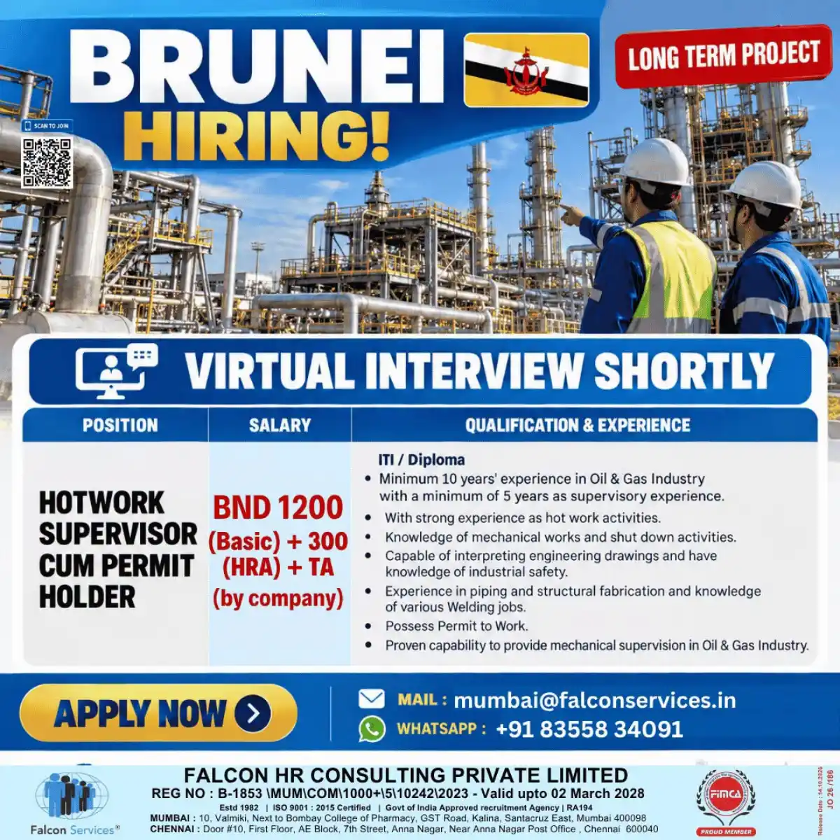 Hot Work Supervisor cum Permit Holder – Brunei