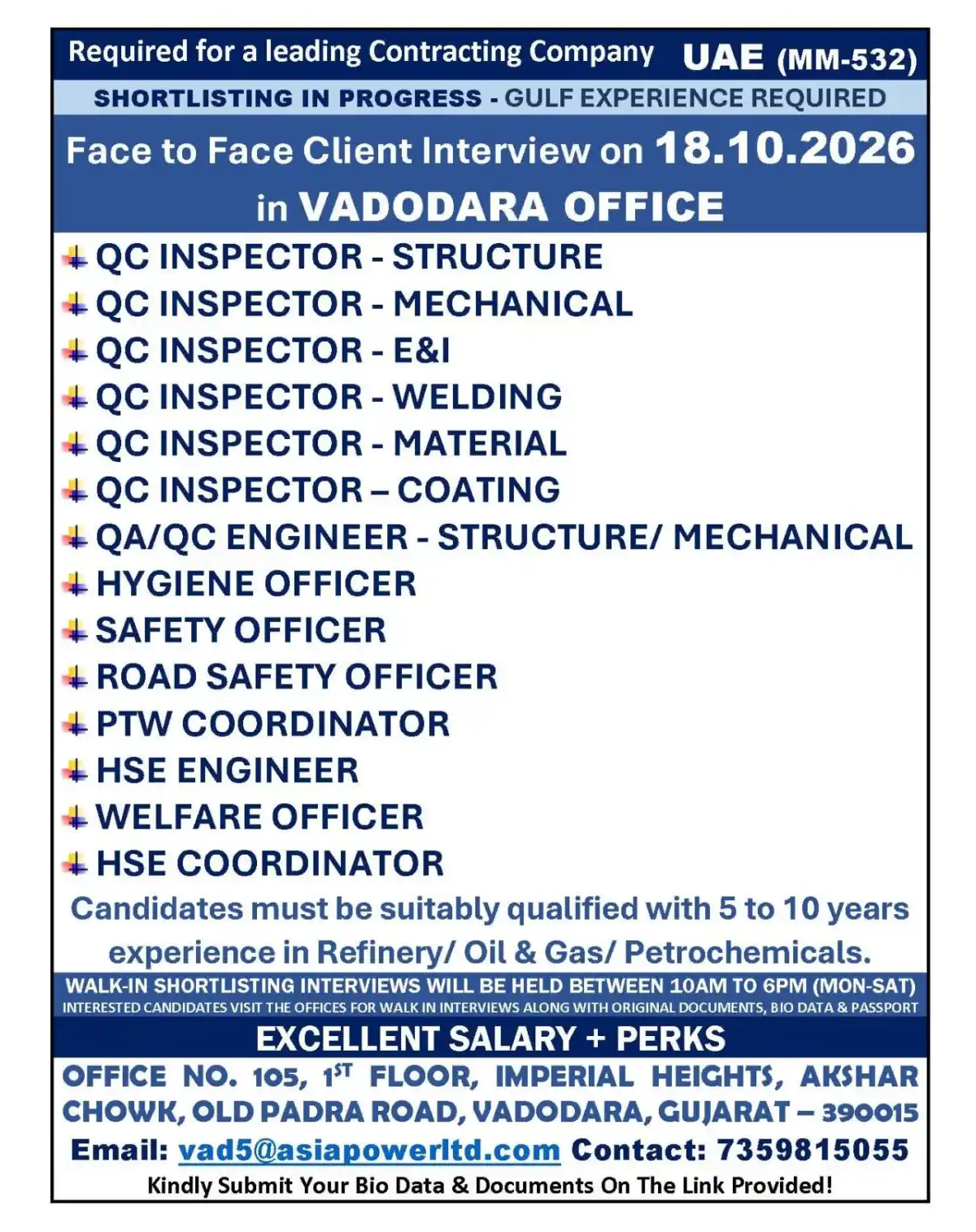 QC and HSE Jobs UAE – Vadodara Walk-In