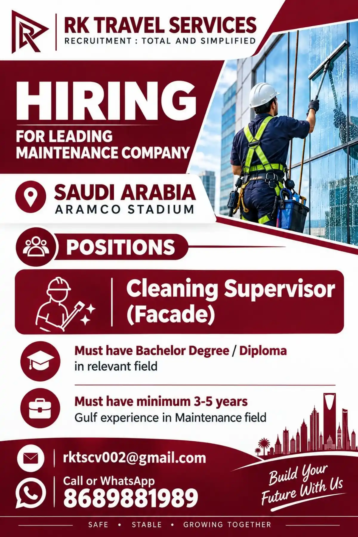 Cleaning Supervisor (Facade) – Aramco Stadium, Saudi Arabia
