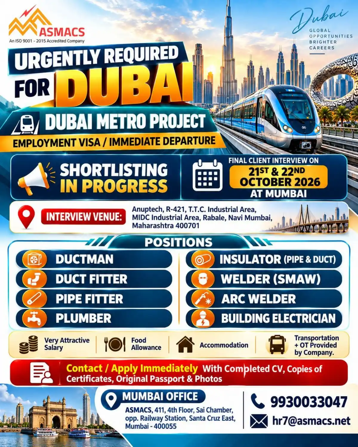 ASMACS Dubai Metro Project Recruitment 2026