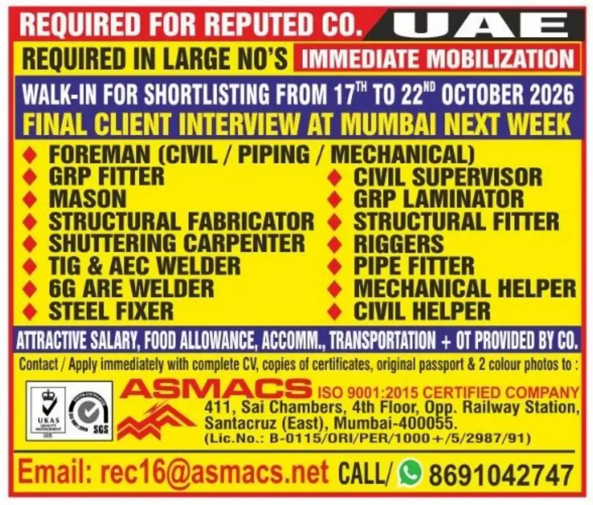 UAE Jobs Walk-In Mumbai Oct 2026