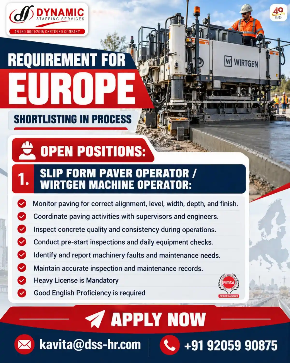Slip Form Paver / Wirtgen Operator – Europe