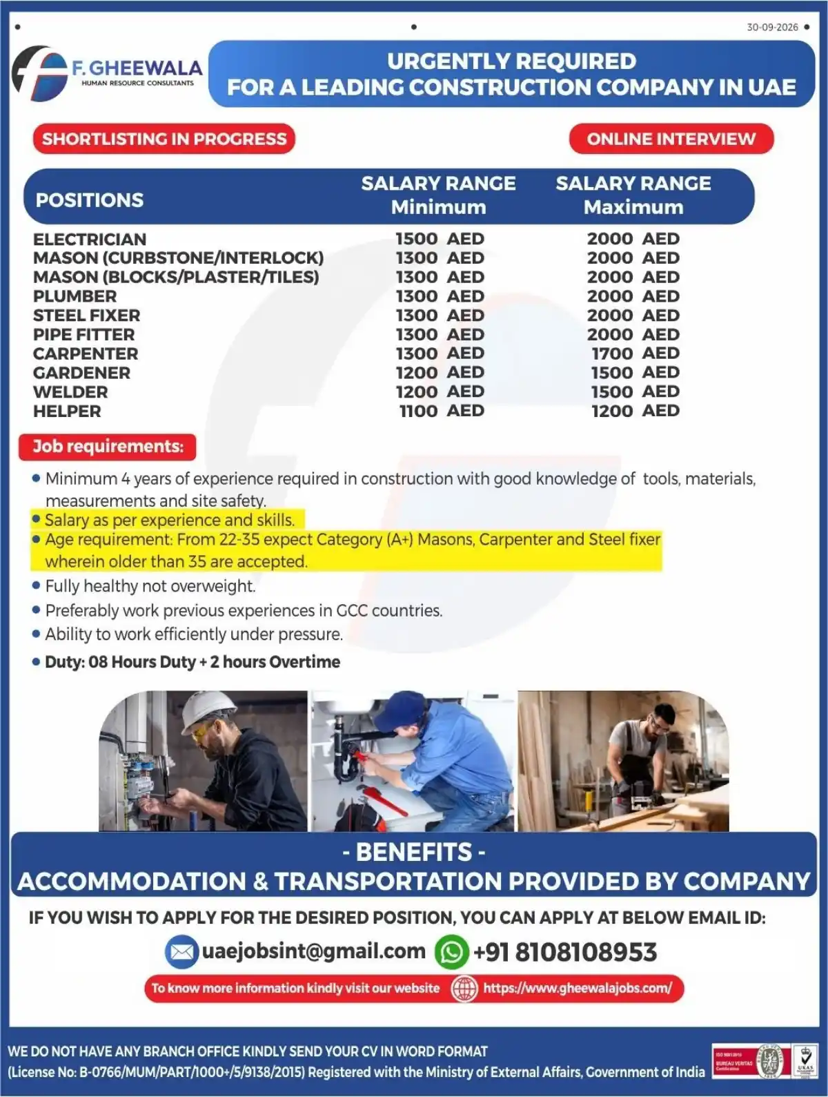 Urgent UAE Construction Jobs – Online Interview