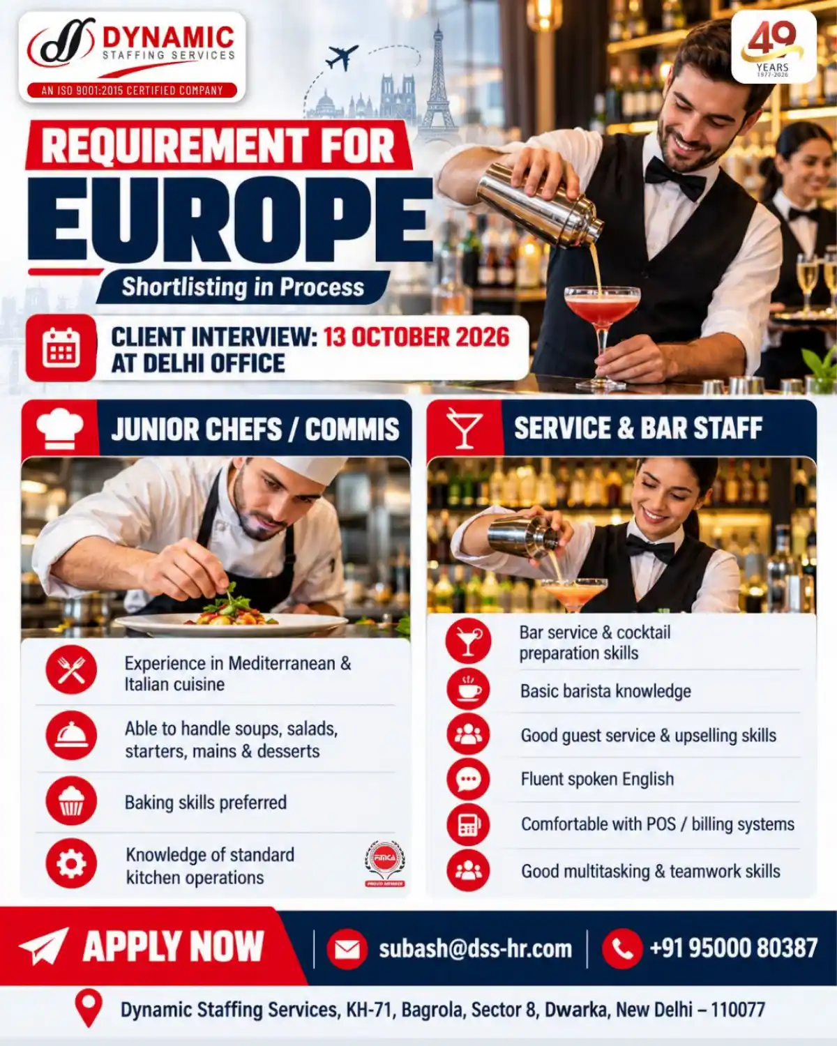 Europe Hospitality Jobs: Chefs, Commis, Bar & Service Staff